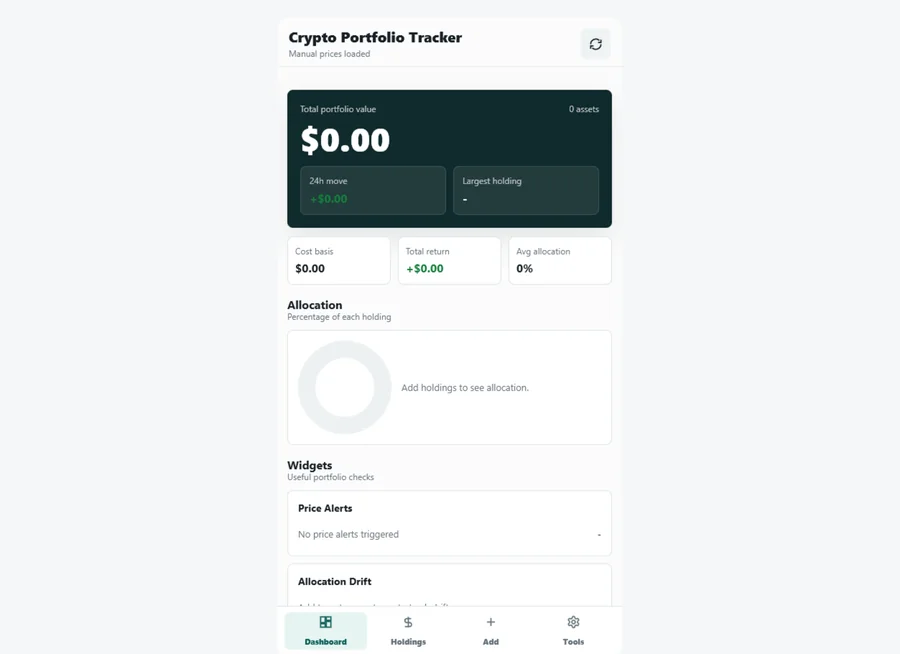 Crypto Portfolio Tracker mobile dashboard with holdings and allocation views